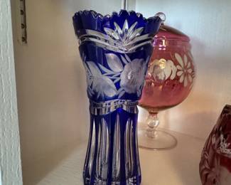 Bohemian Cobalt Blue Cut Crystal Vase with Floral Engraving