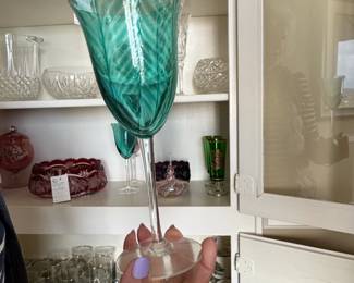 Teal Art Glass Goblet Vase with Leaf Pattern