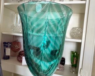 Teal Art Glass Goblet Vase with Leaf Pattern second image