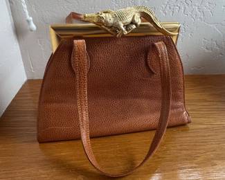 Vintage Brown Leather Handbag with GoldTone Alligator Clasp