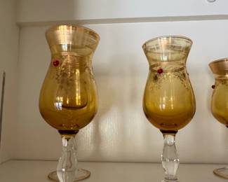 Amber Glass Goblets with Gilt Decoration and Red Jewels, possibly Empoli