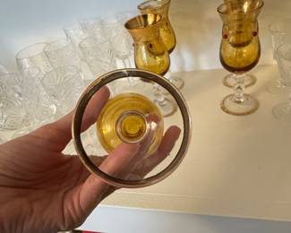 Murano Amber Glass Cordial Glasses with Gold Trim and Red Jewel Accents second image