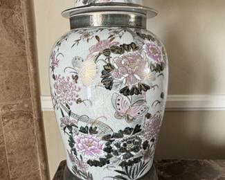 Vintage Chinese Porcelain Ginger Jar Lamp with Floral and Butterfly Motif second image
