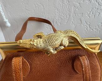 Vintage Brown Leather Handbag with GoldTone Alligator Clasp second image