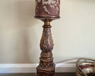 Ornate BronzeFinish Candle Holder with Pillar Candle