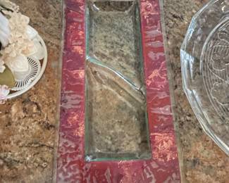 Rectangular Fused Glass Tray with Red Border