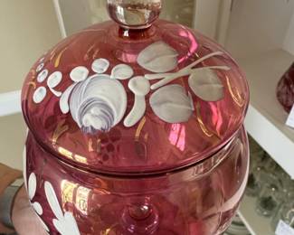 Victorian Cranberry Glass Apothecary Jar with HandPainted Floral Motif second image