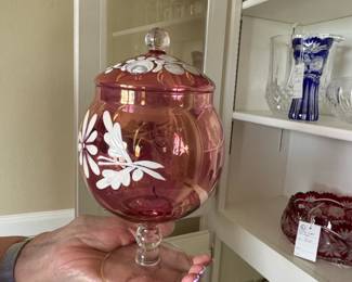 Victorian Cranberry Glass Apothecary Jar with HandPainted Floral Motif