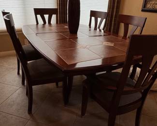 Transitional Dining Table with Tile Inlay and Six Chairs
