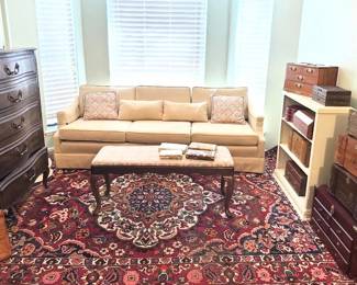 off white sofa, jewelry boxes, shabby chic set of shelves, traditional chest