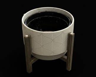 Mid-Century Modern Geometric Ceramic Planter with Wooden Stand