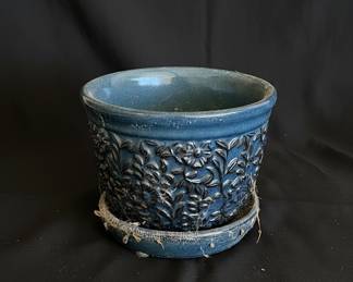 Blue Ceramic Planter with Embossed Grapevine Pattern and Saucer