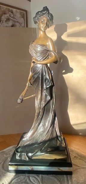 Signed bronze sculpture “The Harpist” by Georges Van der Straeten, stamped “A.P. 8654” and bearing the Société des Bronzes de Paris foundry mark. Approx. 32.5" H (figure); approx. 35" overall height including marble base.