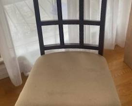 Coordinating lattice-back dining chairs. Upholstery would benefit from cleaning.