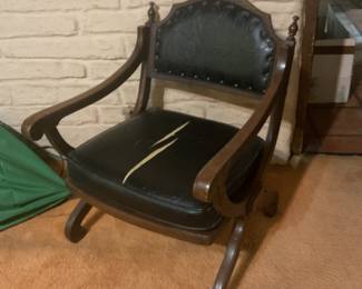 mid-century wood frame chair with “leather” upholstery needs tlc