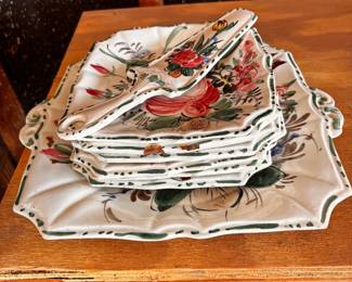 Italian Majolica Nove Rose Square Serving Platter, 6 Dessert Plates & Pie Server