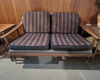 MCM fabric and wood loveseat