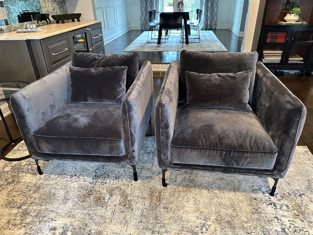 (2) All Modern gray upholstered armchairs 33"W x 39"D x 32"H with an 18" seat height - $350 each