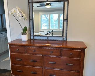 Gorgeous dresser with metal base and matching metal framed mirror 60"W x 17"D x 38"H - $350