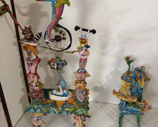 Mixed media folk cart papier-mâché circus theme art 