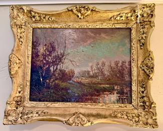 ANTIQUE OIL PAINTING IDYLLIC SCENE.