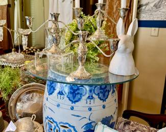 BLUE AND WHITE CHINOISERIE GARDEN STOOL, STERLING CANDLESTICKS, AND BUNNIES!