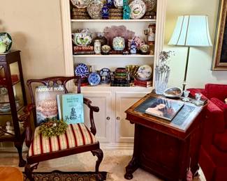 MORE CHINOISERIE, BOOKS, ANTIQUE DAVENPORT DESK.
