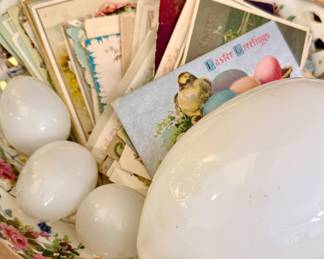 MILK GLASS EGGS, ANTIQUE EASTER POSTCARDS AND VICTORIAN TRADE CARDS.