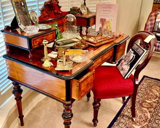 VICTORIAN ERA BURLED WALNUT AND EBONY WOOD ANTIQUE DESK FULL OF TIFFANY & CO PINECONE DESK ITEMS.