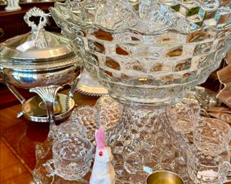 LARGE FOSTORIA PUNCH BOWL ON STAND WITH PLATTER AND CUPS.