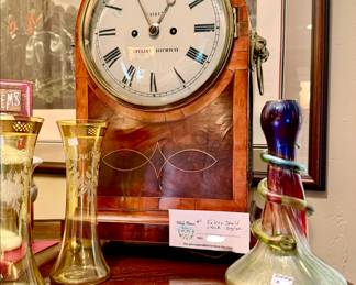 RINDSKOPF LOETZ BOHEMIAN SNAKE VASE.  ANTIQUE ENGLISH FLAREY SHELF CLOCK.