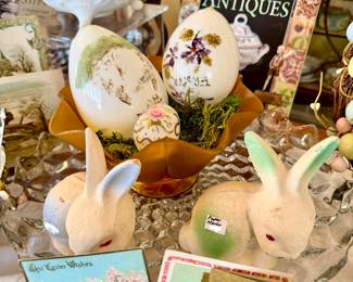 MILK GLASS EGGS, VICTORIAN TRADE CARDS, ANTIQUE EASTER POSTCARDS.