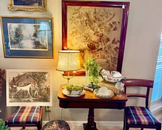 FRENCH AUBUSSON TAPESTRY, ANTIQUE GAME TABLE WITH CHAIRS.