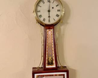 TIME ONLY AMERICAN MADE BANJO WALL CLOCK, EARLY 1900'S WITH REVERSE GLASS PAINTED SHIP SCENE.