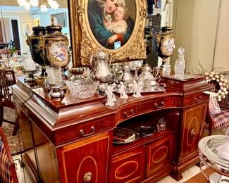 LOVELY ANTIQUE BUFFET SIDE BOARD, FINE ART, SILVER, WATERFORD, AND MORE.