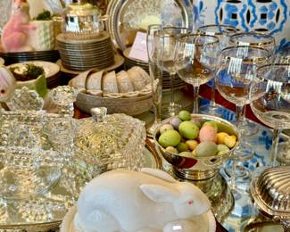 LOVE THE MILK GLASS BUNNY WITH EGGS.