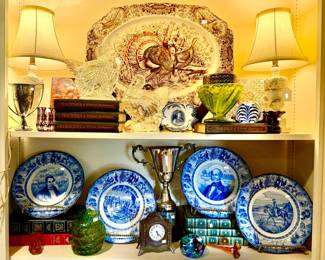 JOHNSON BROS LARGE TURKEY PLATTER, WONDERFUL ART GLASS, BLUE AND WHITE VINTAGE CENTENNIAL CZECH TEXAS PLATES-RARE.