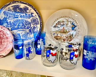 LOTS OF VERNON KILNS TEXAS PLATES INCLUDING FORT WORTH, TEXAS CENTENNIAL GLASSES.