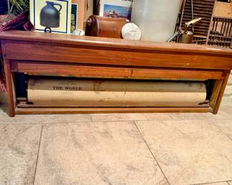 Antique oak wall school map with tambour door. 