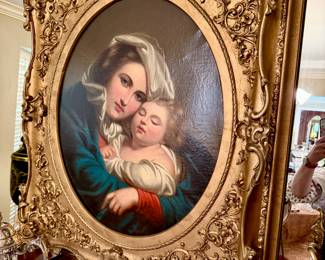 FANNY GEEFS, BELGIAN ARTIST.  ANTIQUE OIL PAINTING, MADONNA WITH JESUS.  ELABORATE ANTIQUE GOLD FRAME.  