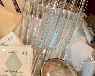 LARGE GLASS CHANDELIER PRISMS, WE HAVE BAGS OF DIFFERENT SIZES, ABALONE, AND GEORG JENSEN "DECEMBER TALES".
