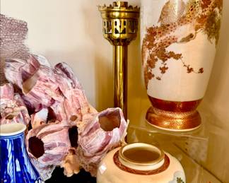 KUTANI VASES, BRASS CANDLESTICKS.