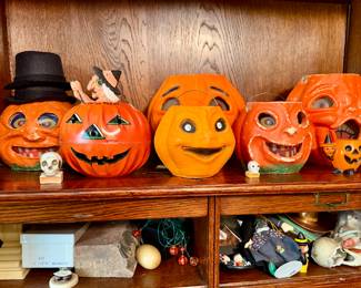 Vintage Halloween including paper mache jack 0’ lanterns. 