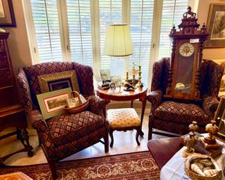 PAIR OF WING BACK CHAIRS, CLOCKS, FURNITURE!