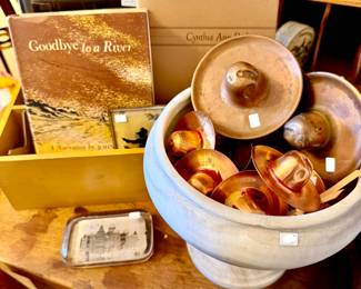 JOHN GRAVES SIGNED HARDCOVER BOOKS, LOTS OF COPPER VINTAGE COWBOY HAT CIGARETTE ASHTRAYS!