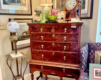 LOVELY WILLIAM AND MARY ANTIQUE CHEST WITH ART, ART GLASS, AND SO MANY CLOCKS IN THIS ESTATE.