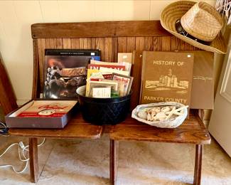 FUN OAK FOLDING BENCH SEATS WITH PAPER EPHEMERA, SHELLS, AND HISTORY OF PARKER COUNTY BOOKS.