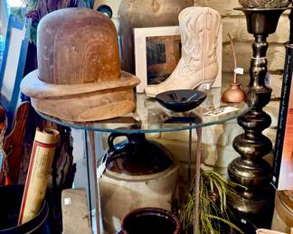VINTAGE WOODEN HAT FORMS, BRASS, CROCKS.