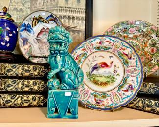 ROYAL DOULTON BIRD OF PARADISE PLATE SIGNED  PLATE.  BUTTERFLY CHINOISERIE BRASS BOWL.