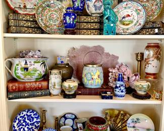 CHINOISERIE WITH CLOISONNE, PINK FAMILLE ROSE PLATES, KUTANI VASE, ANTIQUARIAN BOOKS.